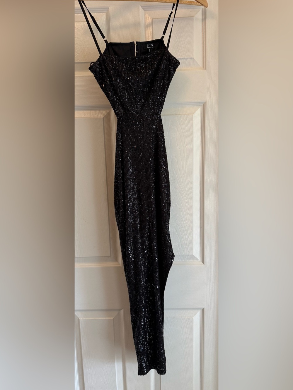 Privy Maxi Dress Womens Small Black Sequin Open Back Side Slit Formal Bodycon